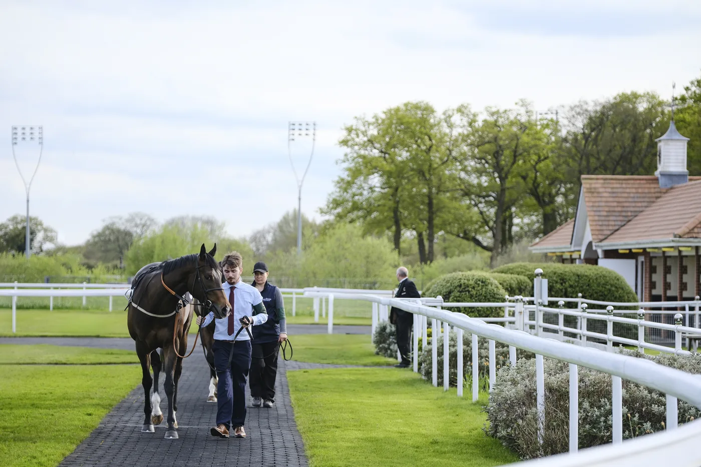The parade ring and pavilion at Chelmsford City Racecourse, photographed in April 2024. No race meeting has been held there since 26 March 2026