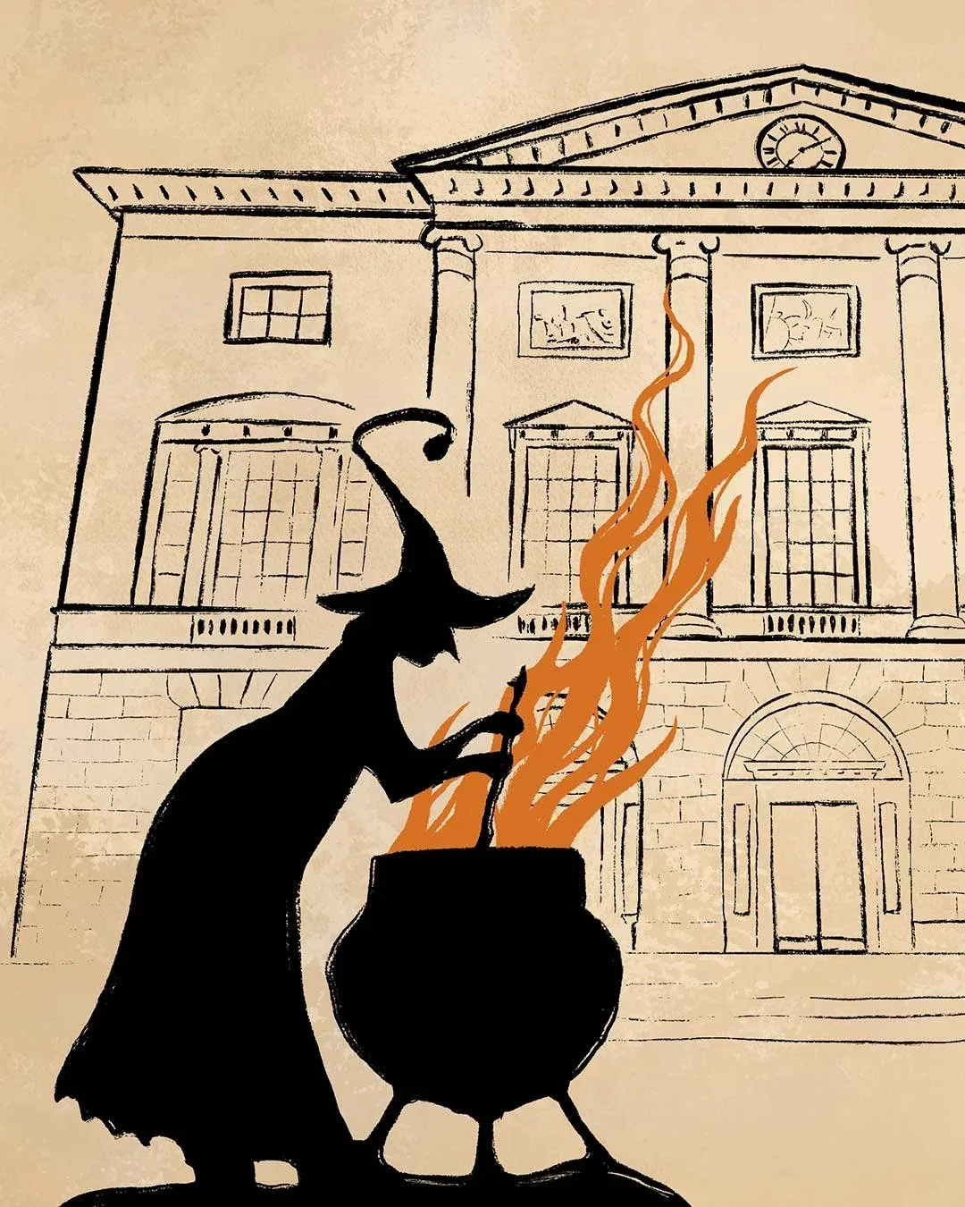 Illustration of a witch in silhouette stirring a cauldron with orange flames in front of the facade of Shire Hall, Chelmsford