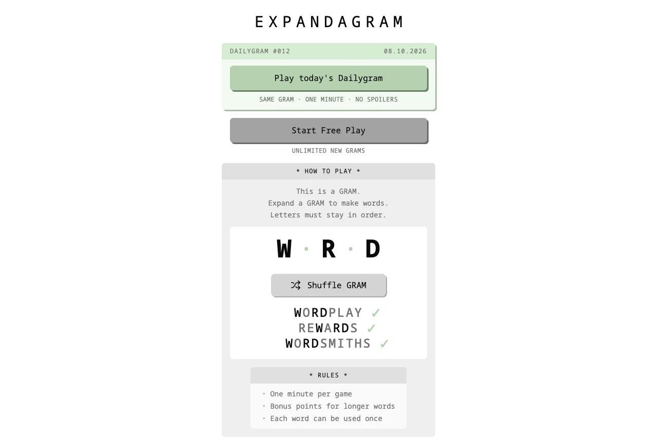 The EXPANDAGRAM home page, with today's DailyGRAM and the how-to-play panel