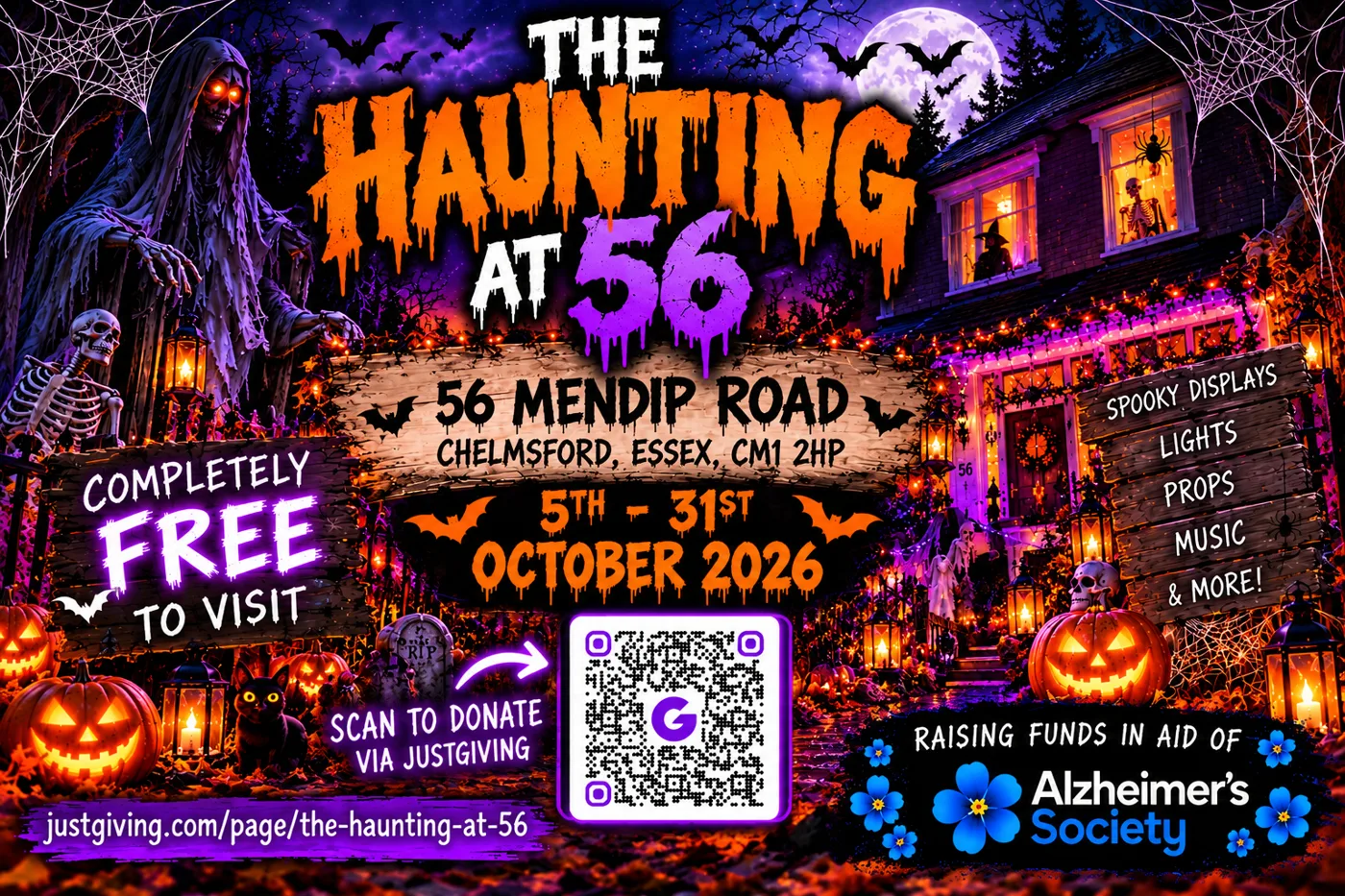 Poster for The Haunting at 56: 56 Mendip Road, Chelmsford, Essex, CM1 2HP, 5th to 31st October 2026, completely free to visit, scan to donate via JustGiving, raising funds in aid of Alzheimer's Society
