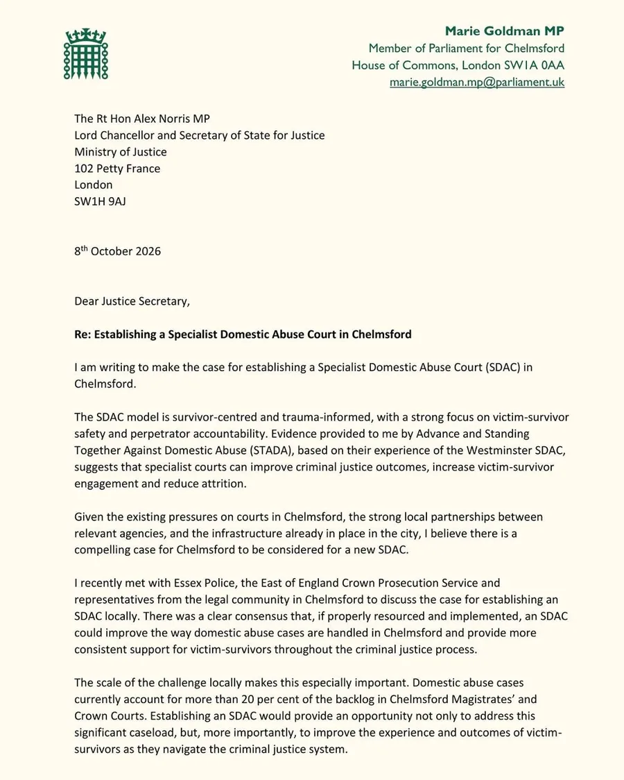 First page of Marie Goldman MP's letter of 8 October 2026 to the Justice Secretary, headed Establishing a Specialist Domestic Abuse Court in Chelmsford
