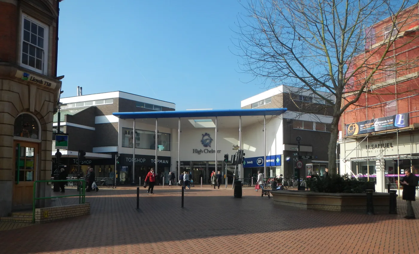 The High Chelmer entrance, photographed in 2013. The multi-storey above it is the biggest car park in the city at 1,012 spaces, and eight hours there costs £17.60