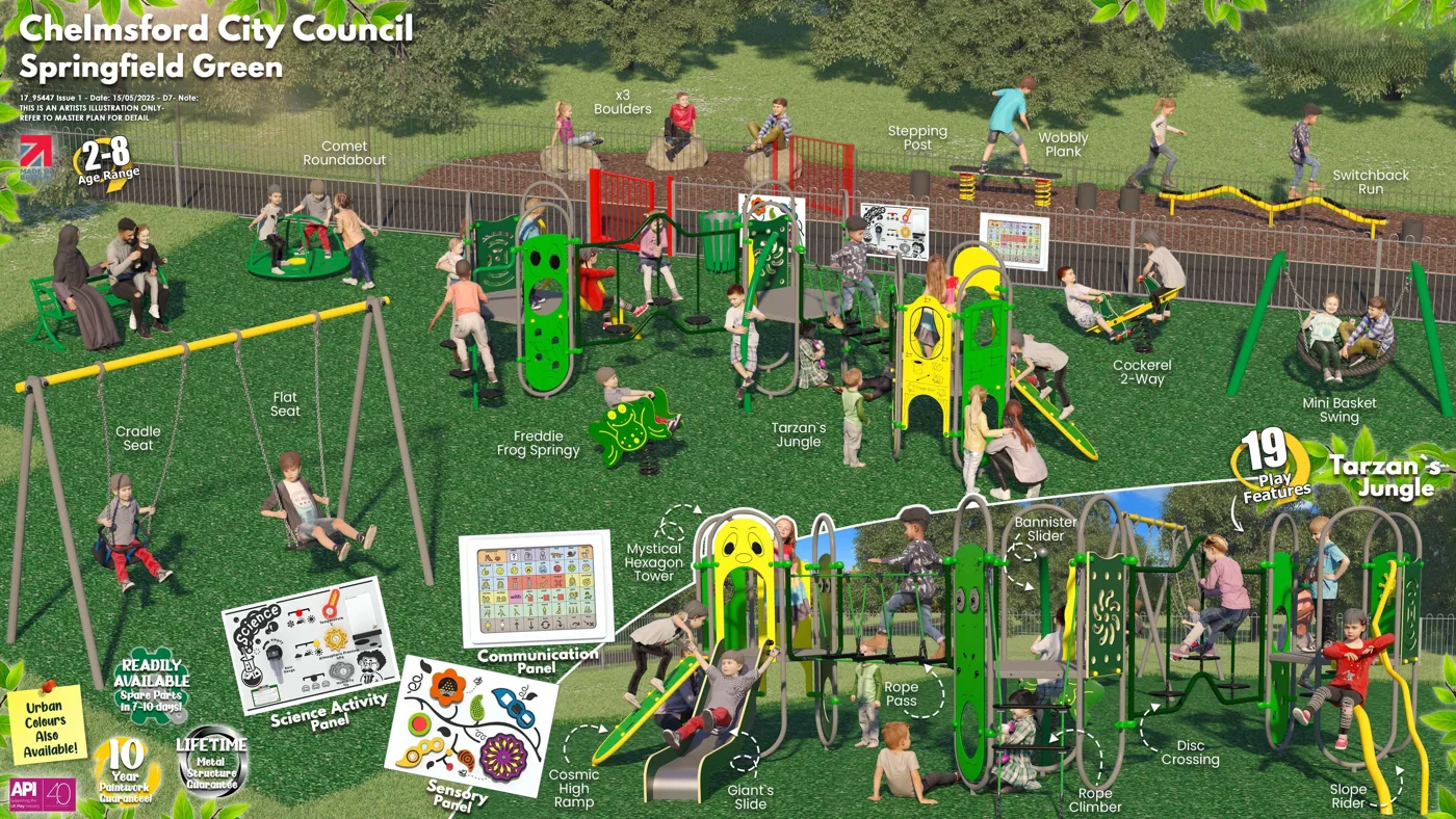 Artist's illustration of Springfield Green play area option 1, a green and yellow climbing unit called Tarzan's Jungle with slides, swings, a roundabout, springers and balance equipment