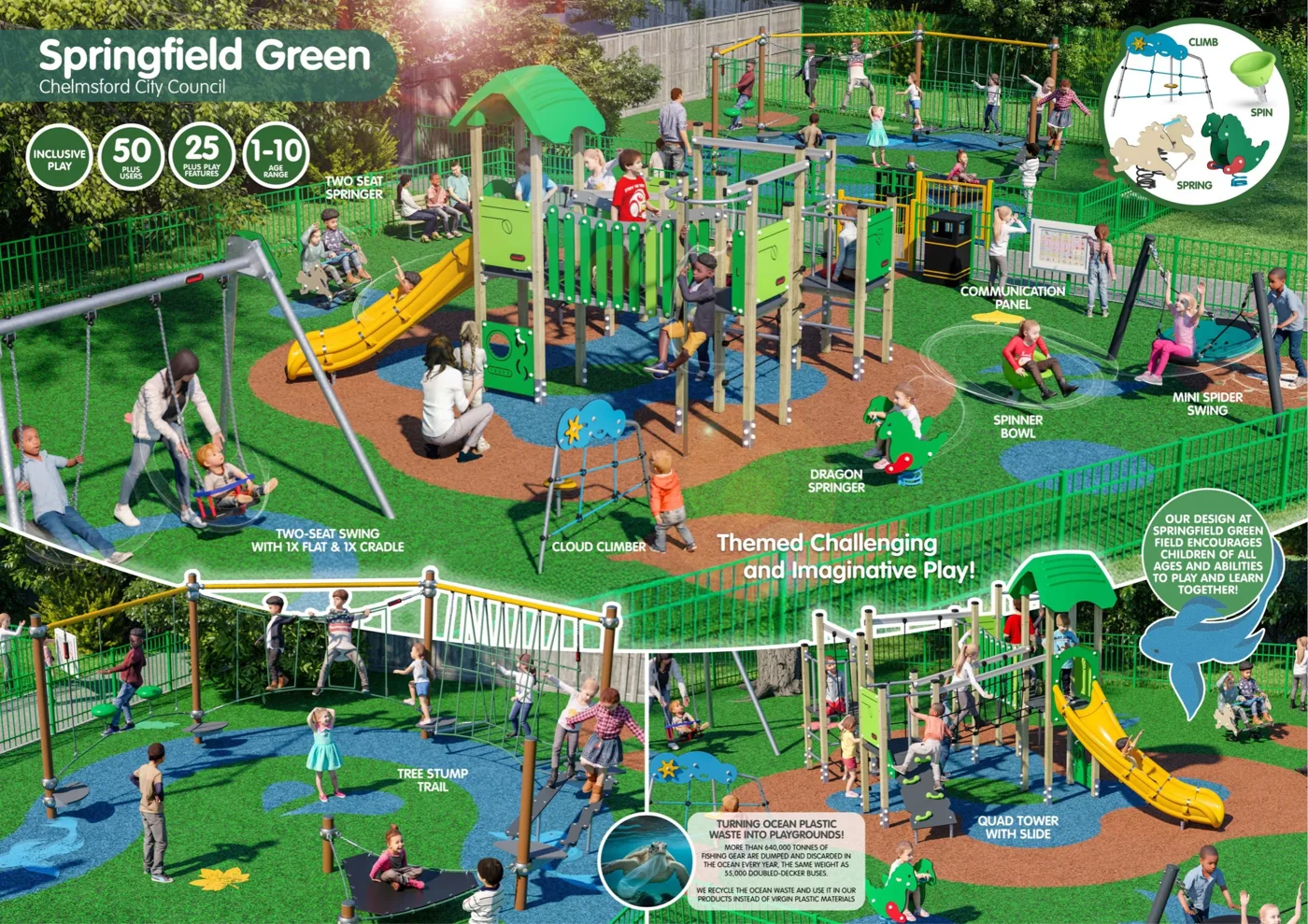 Artist's illustration of Springfield Green play area option 2, a wooden tower with a yellow slide, a tree stump trail, swings, springers and a spinner bowl on blue and orange safety surfacing