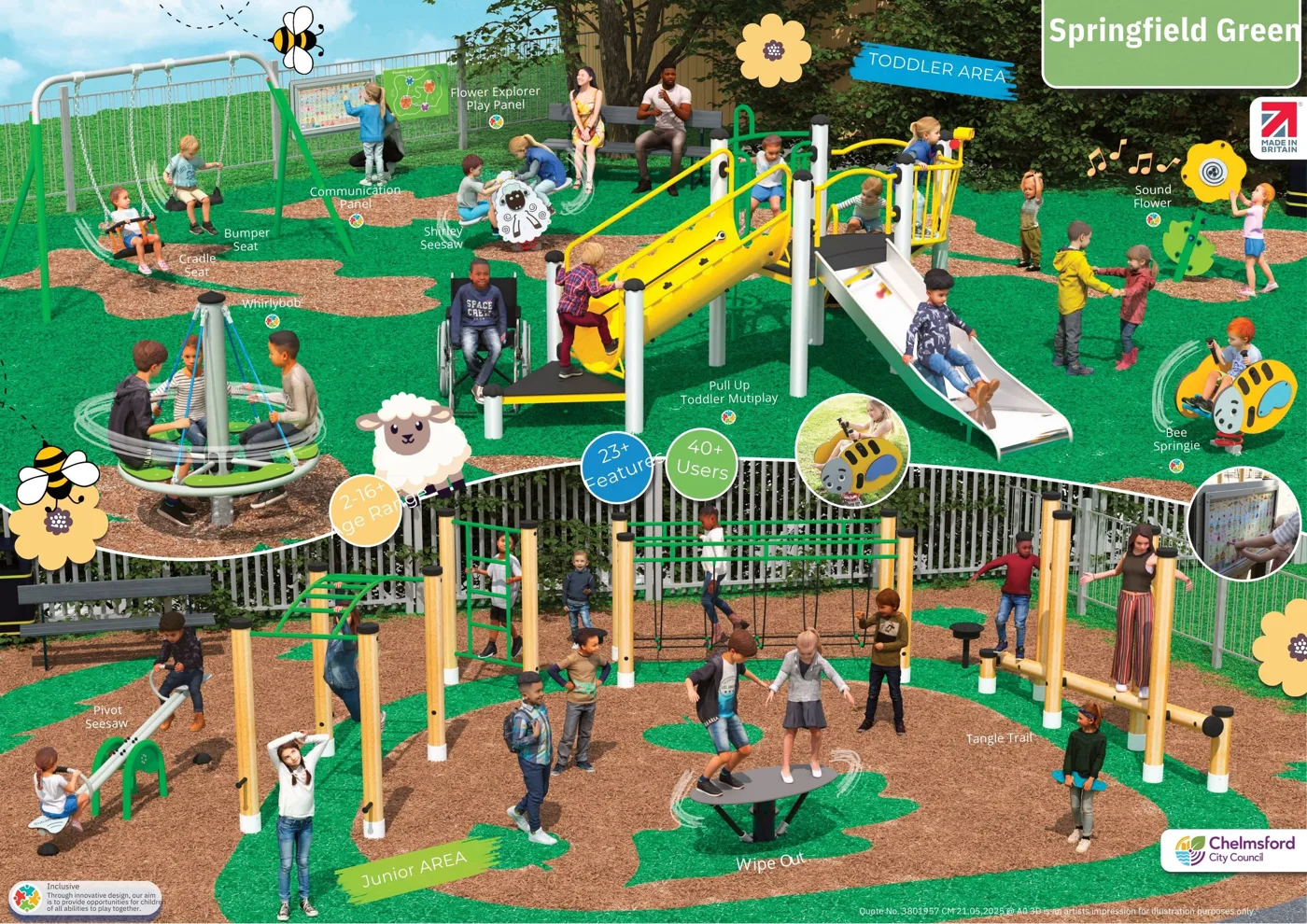 Artist's illustration of Springfield Green play area option 3, a toddler area with a yellow climbing unit and slide, swings and a roundabout, and a junior area with timber climbing frames, a balance trail and a spinning disc