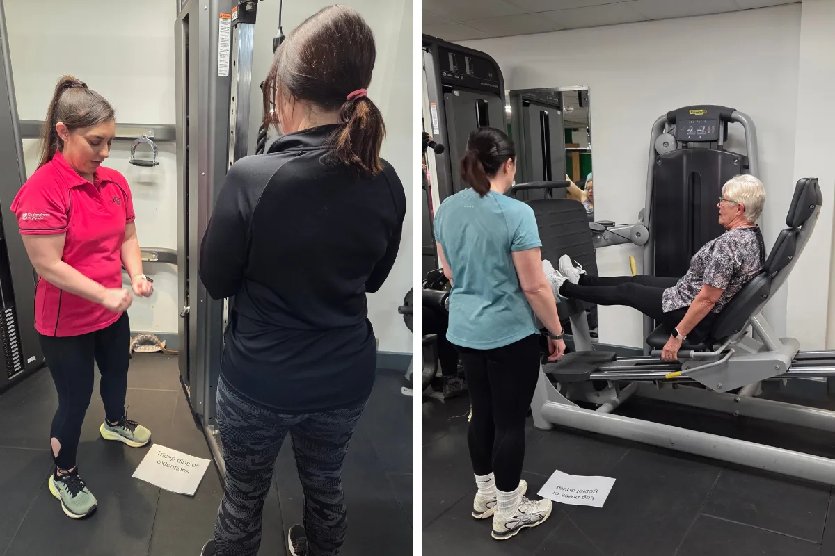 Two photographs side by side from a Women Time Weights session at South Woodham Ferrers Leisure Centre: on the left an instructor in a red top talks a woman through a cable machine; on the right an instructor watches an older woman use a leg press.